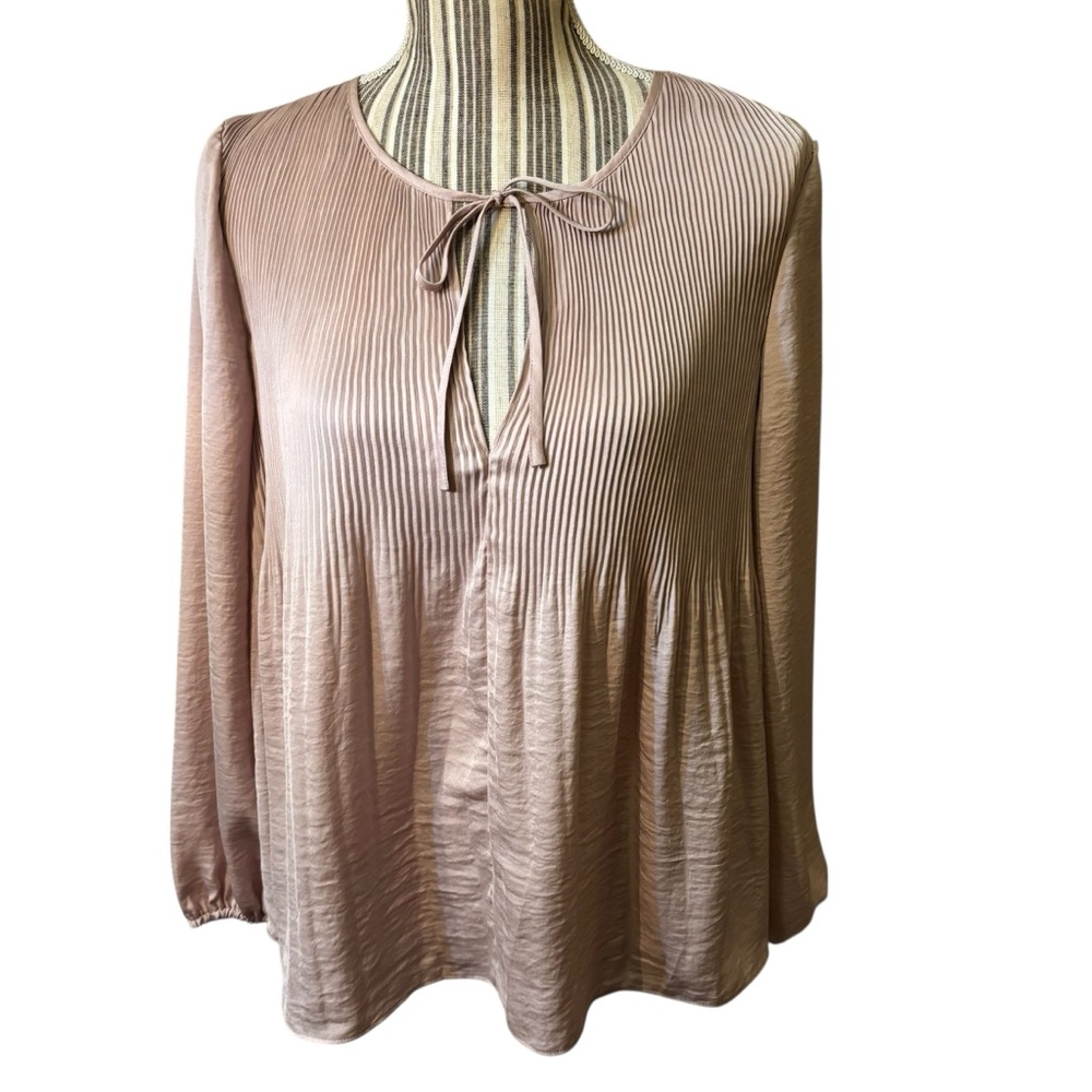 Lucky Brand Blouse Small Blush Pink Pleated Peasant Top Flowy Long Sleeves Ties - Picture 2 of 15